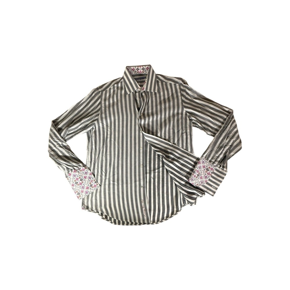 Robert Graham Shirt Adult Medium White Gray Striped‎ Button Down Flip Cuff Mens
